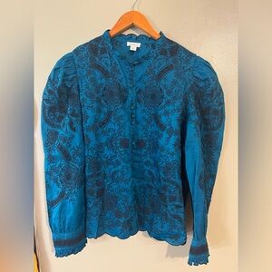 Sundace Rossetti  Blue Embroidered Ramie  Women's Blouse Puff Sleeves XL